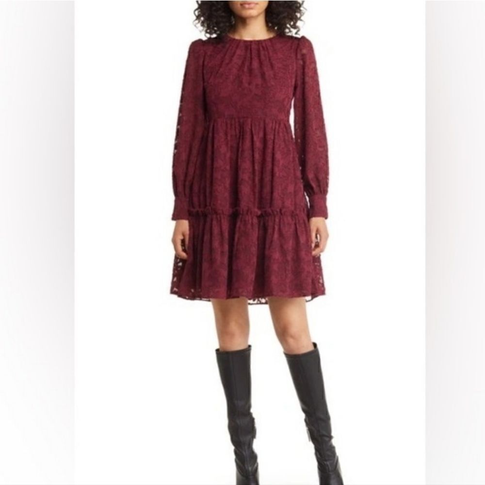 Eliza J Floral Lace Lomg Sleeved Tiered Dress in Wine. Size 14 NWT